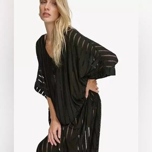 Calvin Klein Striped Maxi Caftan Cover-Up Black ONE SIZE - Picture 5 of 6